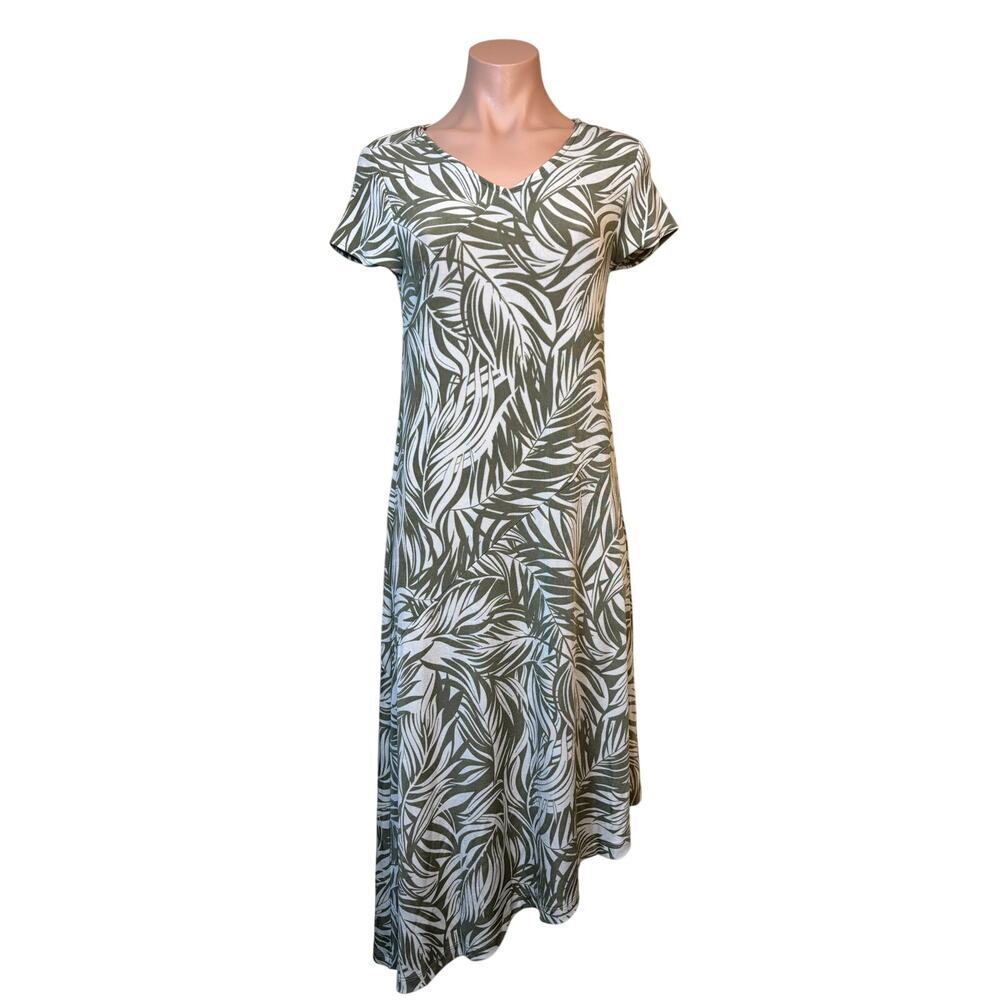 Chicos Travelers Palm Print Asymmetrical Hem Midi Dress 00 Tropical Resort NWT